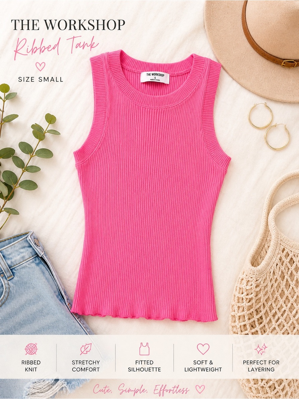 The Workshop Pink Ribbed Tank Top Size Small Fitted Stretch NWOT